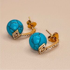 Gold- Turquoise Gemstone Bead Stud Earrings with Evil Eye Crystal Accents